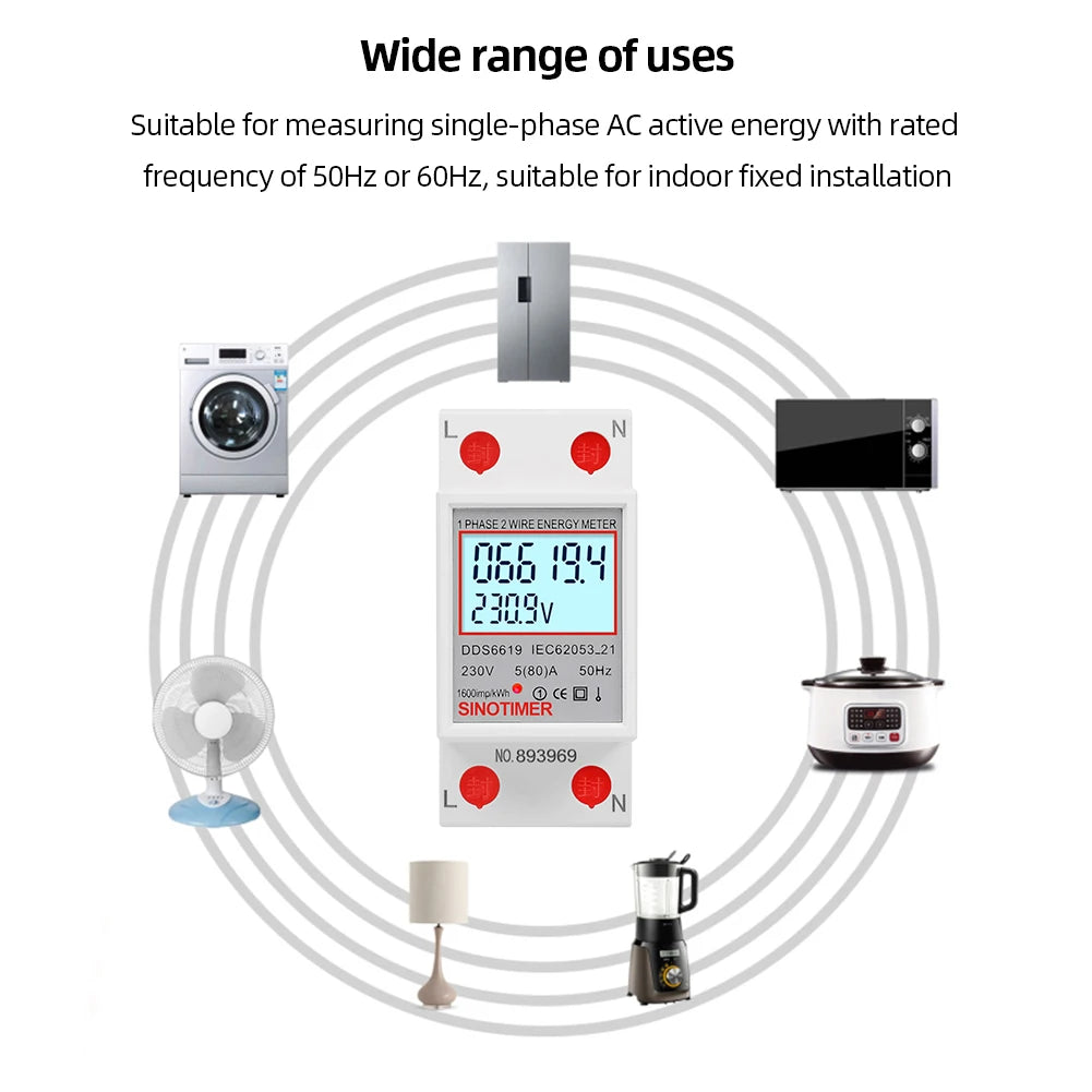 Digital Electricity Consumption Monitor – DIN Rail, 220V/230V, KWH Electric Meter, Energy Saving, 50/60Hz