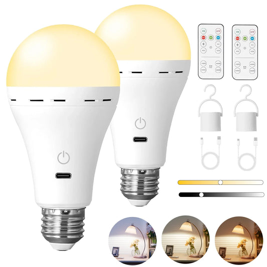 1/2pc 3-Color USB Rechargeable Smart LED Bulb – Dimmable, Cordless, Battery Operated, E27 Base