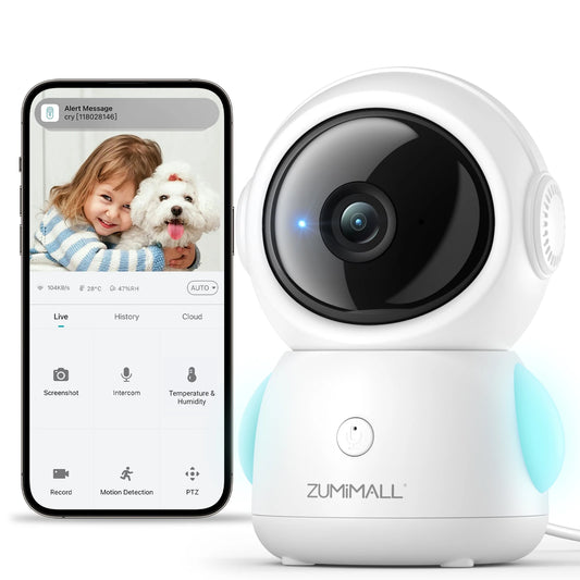 ZUMIMALL Wired security Camera, 5G/2.4G WiFi Baby/Pet Monitor with Camera and Audio,One-Click Call, Auto Tracking, Cry/PIR/AI