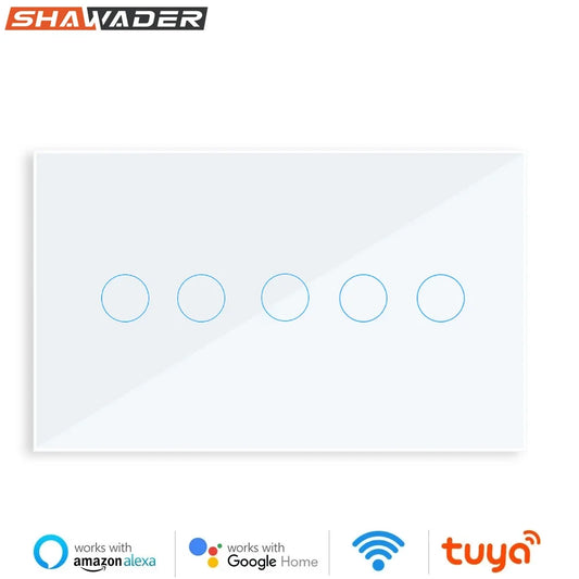Shawader Tuya WiFi Smart Wall Light Switch – Touch Glass Panel, 4/5/6 Gang, Alexa & Google Home
