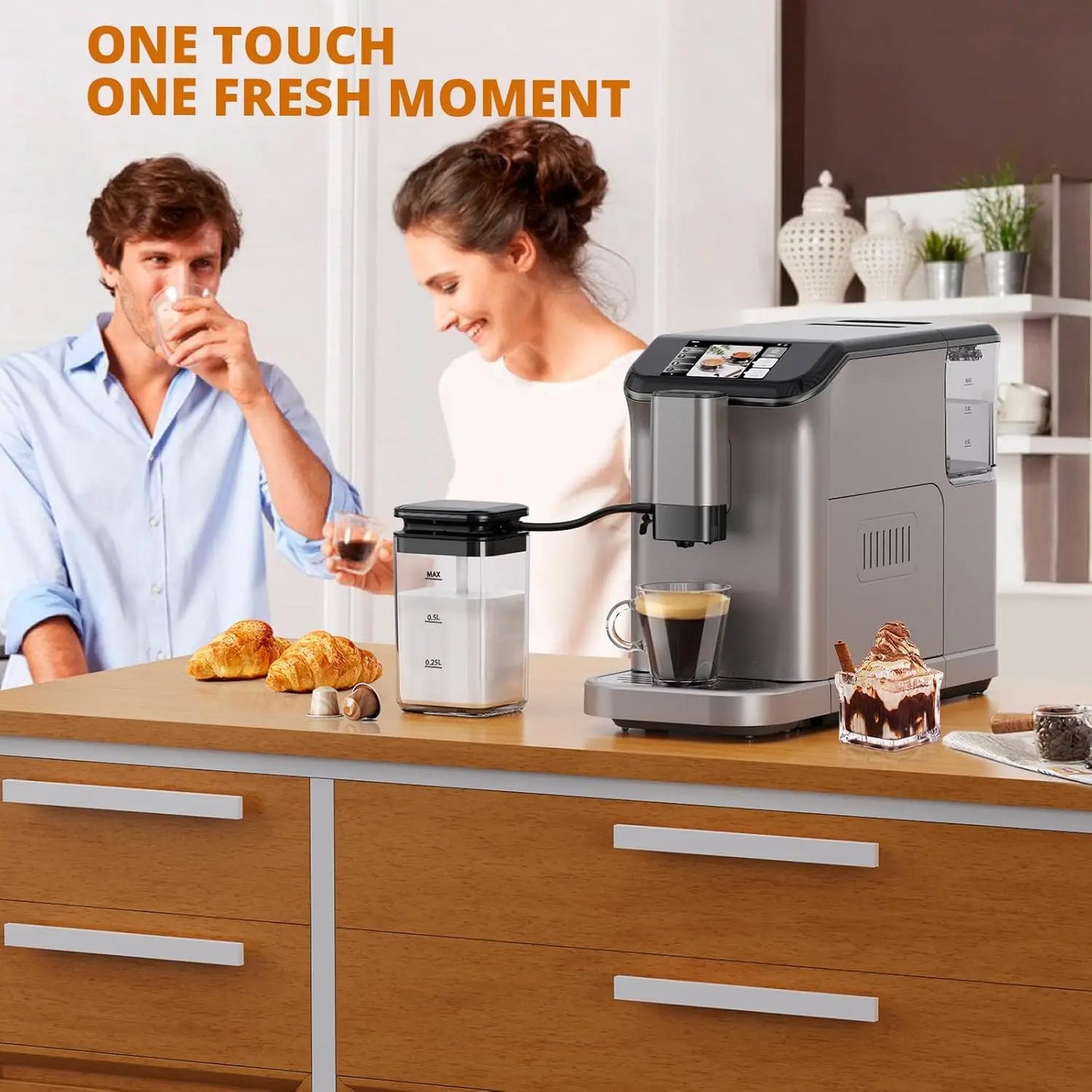 TFT Touch Screen Automatic Espresso Machine – 20 Bar Coffee Maker with Grinder & Automatic Milk Frother