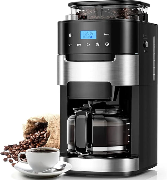 10-Cup Drip Coffee Maker with Built-in Grinder – Programmable Grind & Brew, Smart LED Touchscreen, 24H Timer