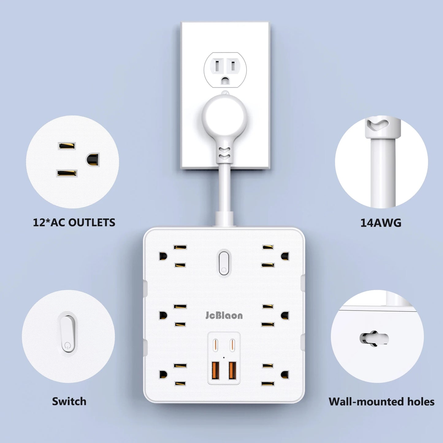 16-IN-1 Multiple Power Strip Adapter – US Plug, AC Outlets, USB & Type-C Ports, 1875W 15A