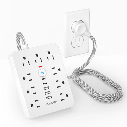 TRANSTON Power Strip Surge Protector – 9 AC Outlets, 3 USB & 2 USB-C, 5ft Cable, 45° Tilt Plug, White