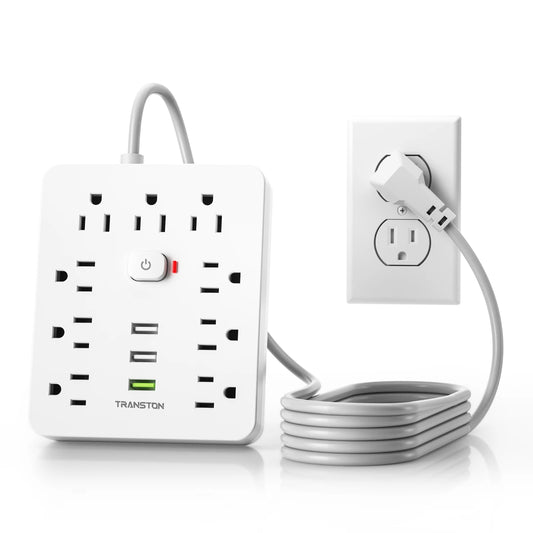 Power Outlet with Surge Protector – 9 AC Sockets, 3 USB Ports, 5ft Extension Cord, Quick Charge, White