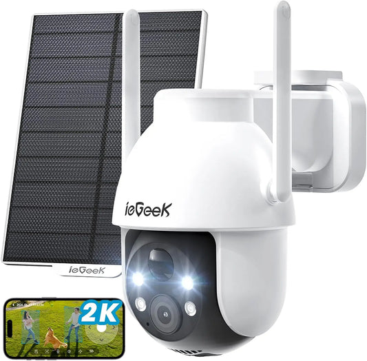 ieGeek 2K 3MP 360° PTZ HD Outdoor Solar Surveillance Camera – Battery Powered, PIR Motion Sensor, Color Night Vision