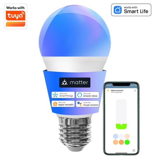 WiFi Matter Smart RGB LED Bulb – E26, Works with Tuya, Alexa, Google Home, Apple HomeKit & Siri