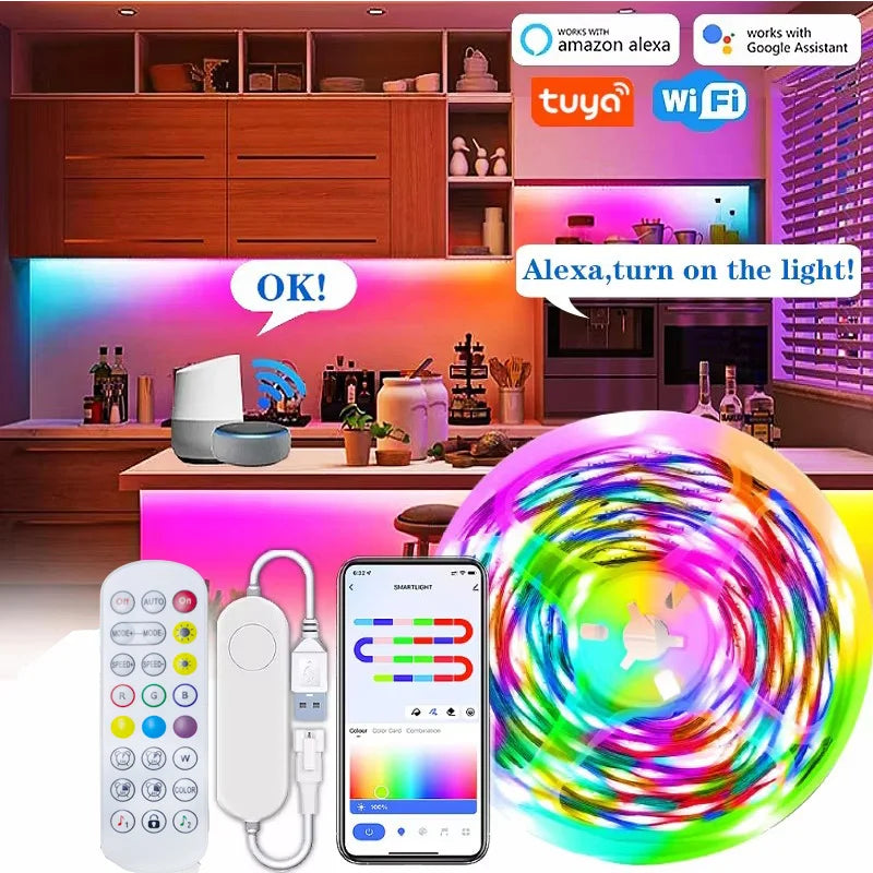 WS2812B 5050 RGBIC Smart LED Strip – DC5V, Flexible Tuya WiFi RGB Neon, Chasing Effects, App Control for Alexa & Google