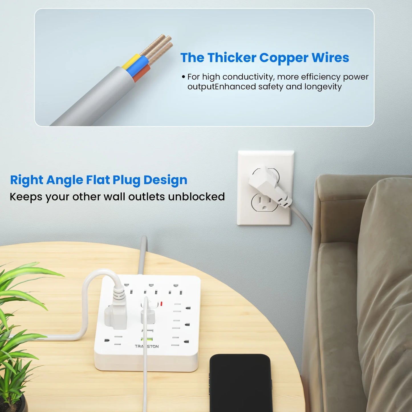 Power Outlet with Surge Protector – 9 AC Sockets, 3 USB Ports, 5ft Extension Cord, Quick Charge, White