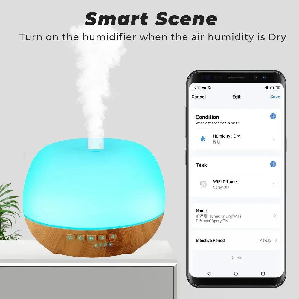 Smart WiFi 500ml Aromatherapy Essential Oil Diffuser – Tuya, Alexa & Google Home, 7 LED Colors