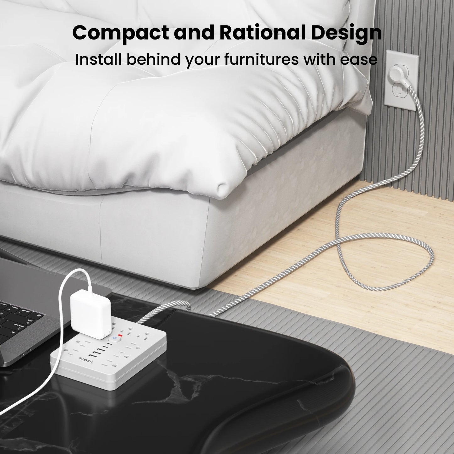 TRANSTON Power Strip Surge Protector – 9 AC Outlets, 3 USB & 2 USB-C, 5ft Cable, 45° Tilt Plug, White