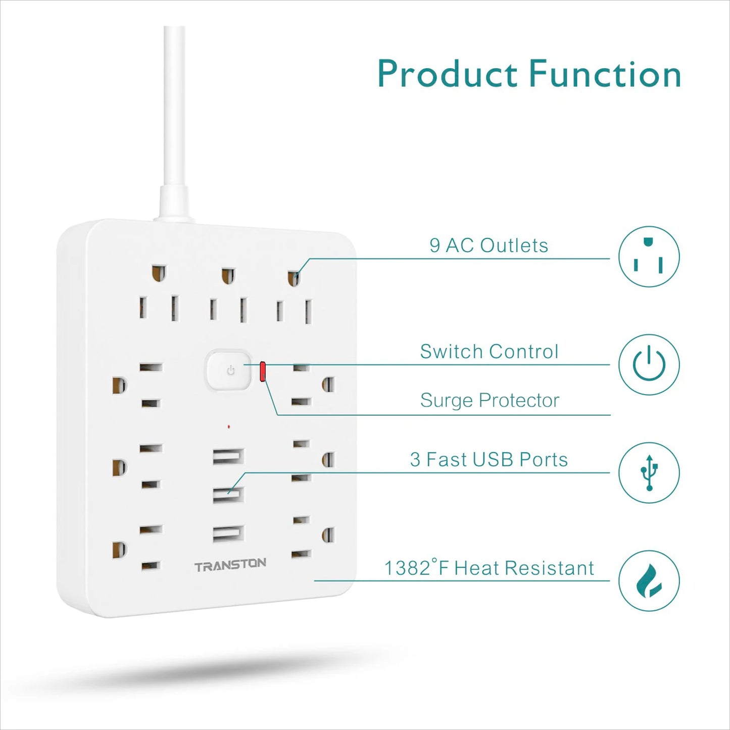 Power Outlet with Surge Protector – 9 AC Sockets, 3 USB Ports, 5ft Extension Cord, Quick Charge, White