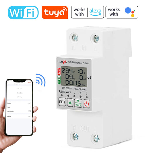 Tuya WiFi Intelligent Energy Meter – Voltage, Power & Electricity Monitoring with Leakage Protector, 63A, AC85-300V, LCD