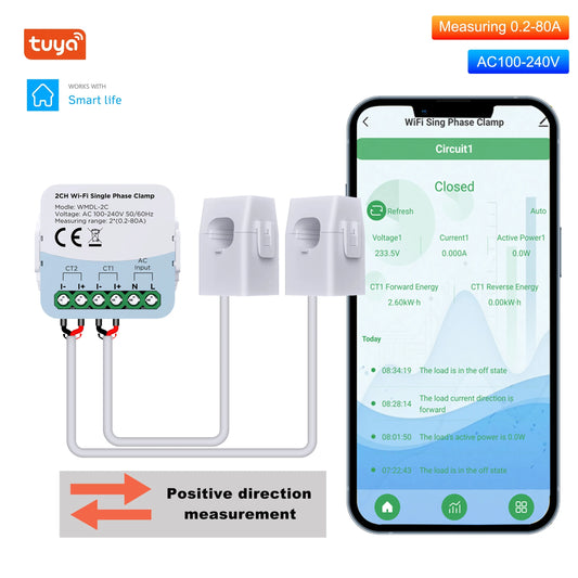 Tuya WiFi Smart Energy Meter – Bidirectional 2-Channel with Current Transformer Clamp, App Monitoring, 80A 110V/240V