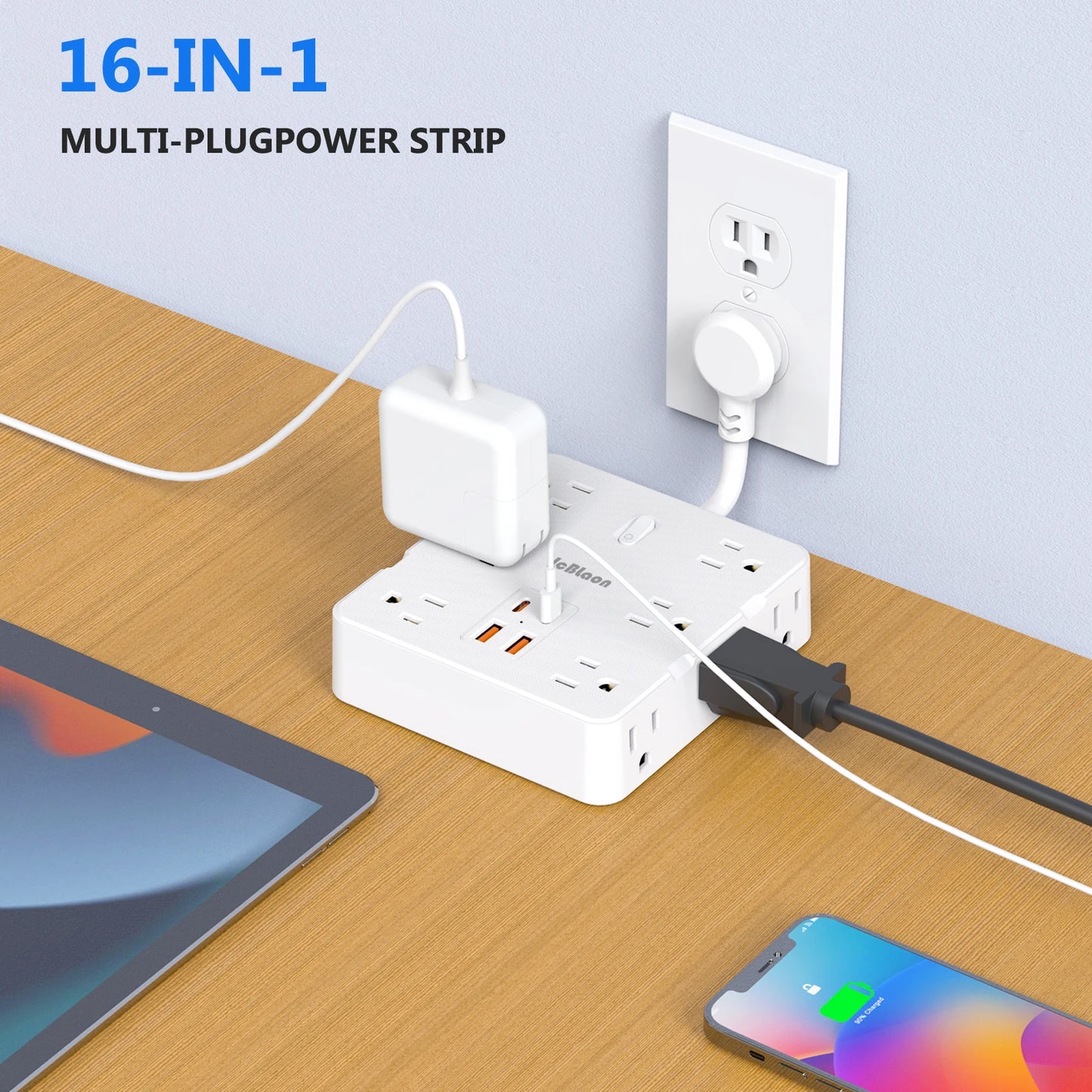 16-IN-1 Multiple Power Strip Adapter – US Plug, AC Outlets, USB & Type-C Ports, 1875W 15A