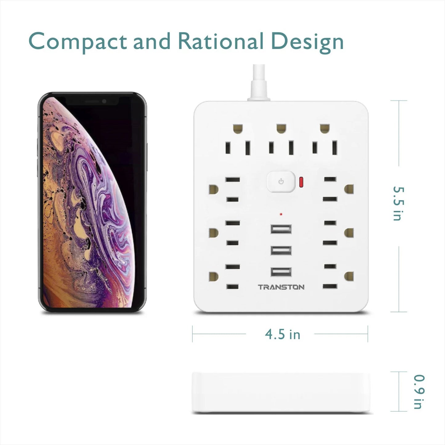 Power Outlet with Surge Protector – 9 AC Sockets, 3 USB Ports, 5ft Extension Cord, Quick Charge, White