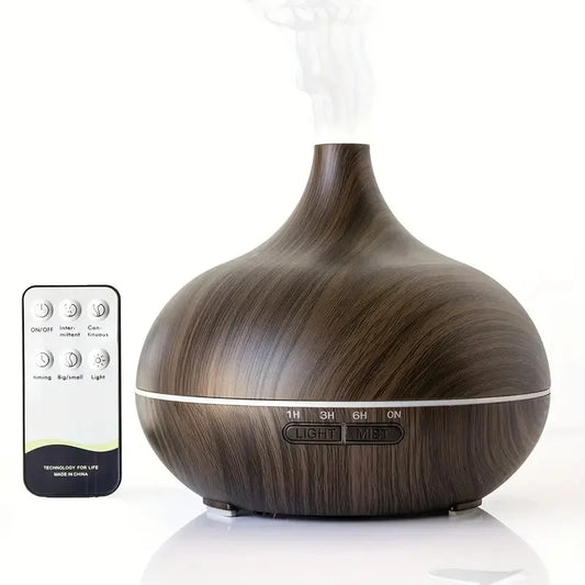 Wood Grain 550ml Ultrasonic Essential Oil Diffuser – Remote Control, 7-Color LED, 6 Preloaded Oils