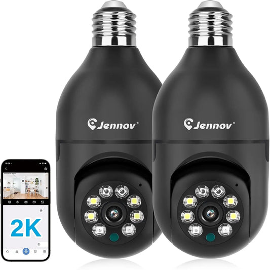 Jennov 2Pcs 2K WiFi Light Bulb Security Camera – Wireless Indoor/Outdoor Home Security
