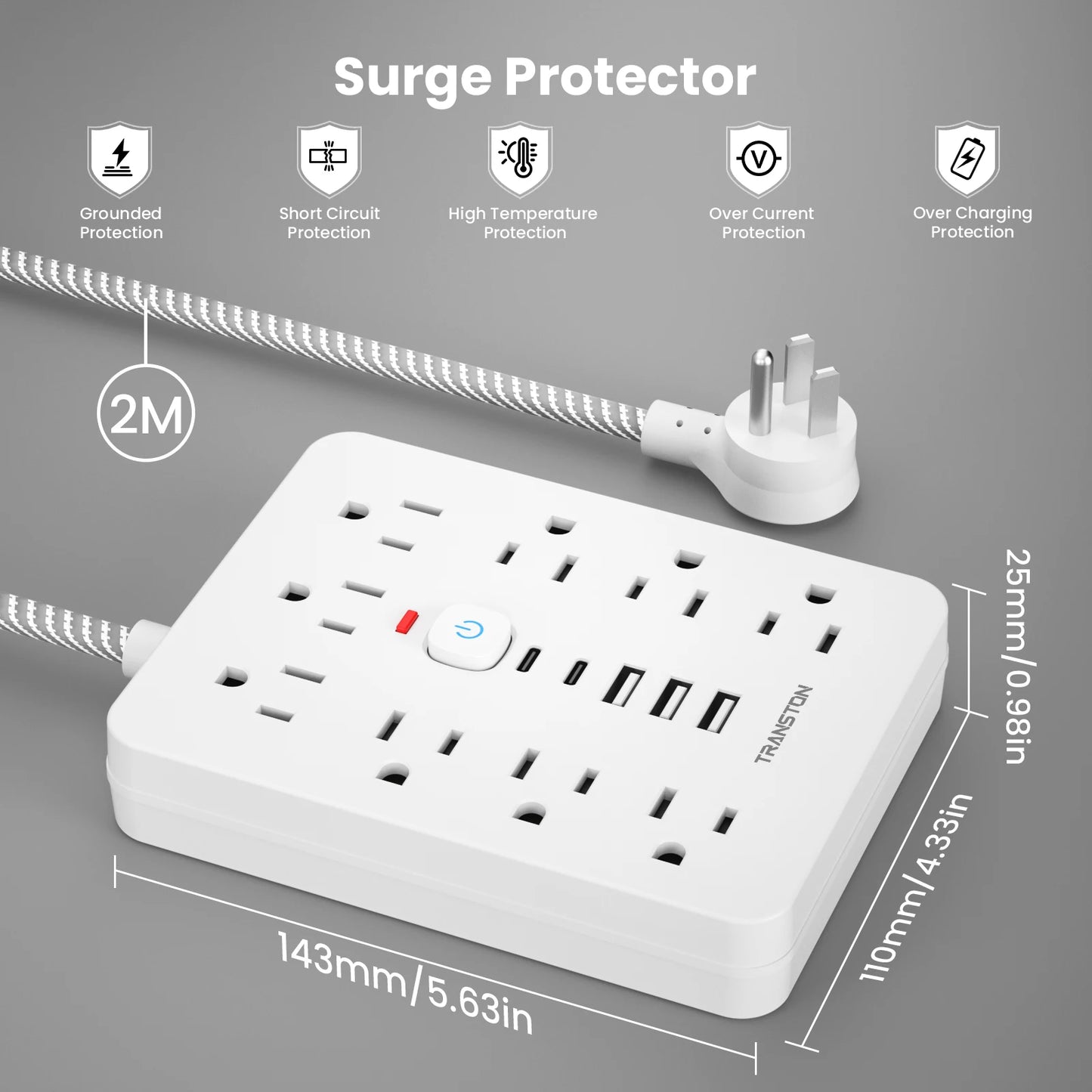 TRANSTON Power Strip Surge Protector – 9 AC Outlets, 3 USB & 2 USB-C, 5ft Cable, 45° Tilt Plug, White