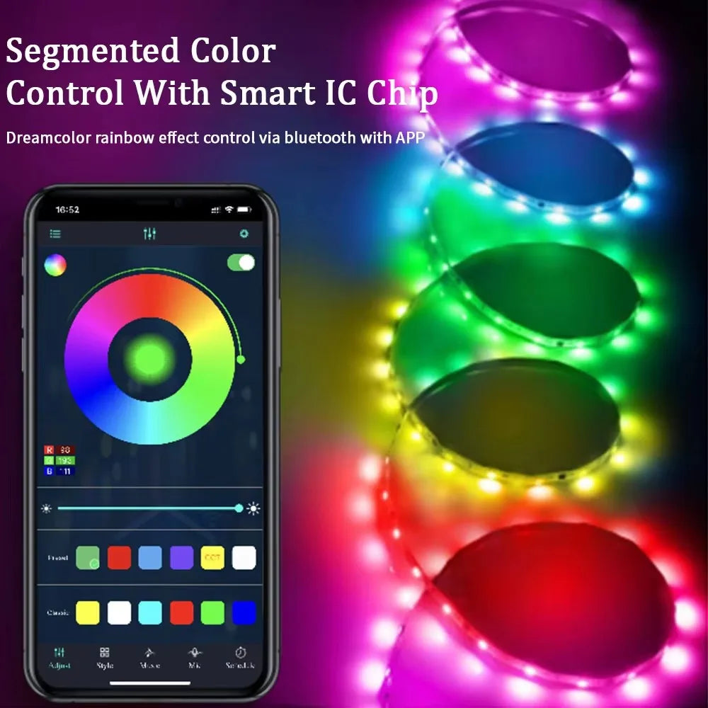 WS2812B 5050 RGBIC Smart LED Strip – DC5V, Flexible Tuya WiFi RGB Neon, Chasing Effects, App Control for Alexa & Google