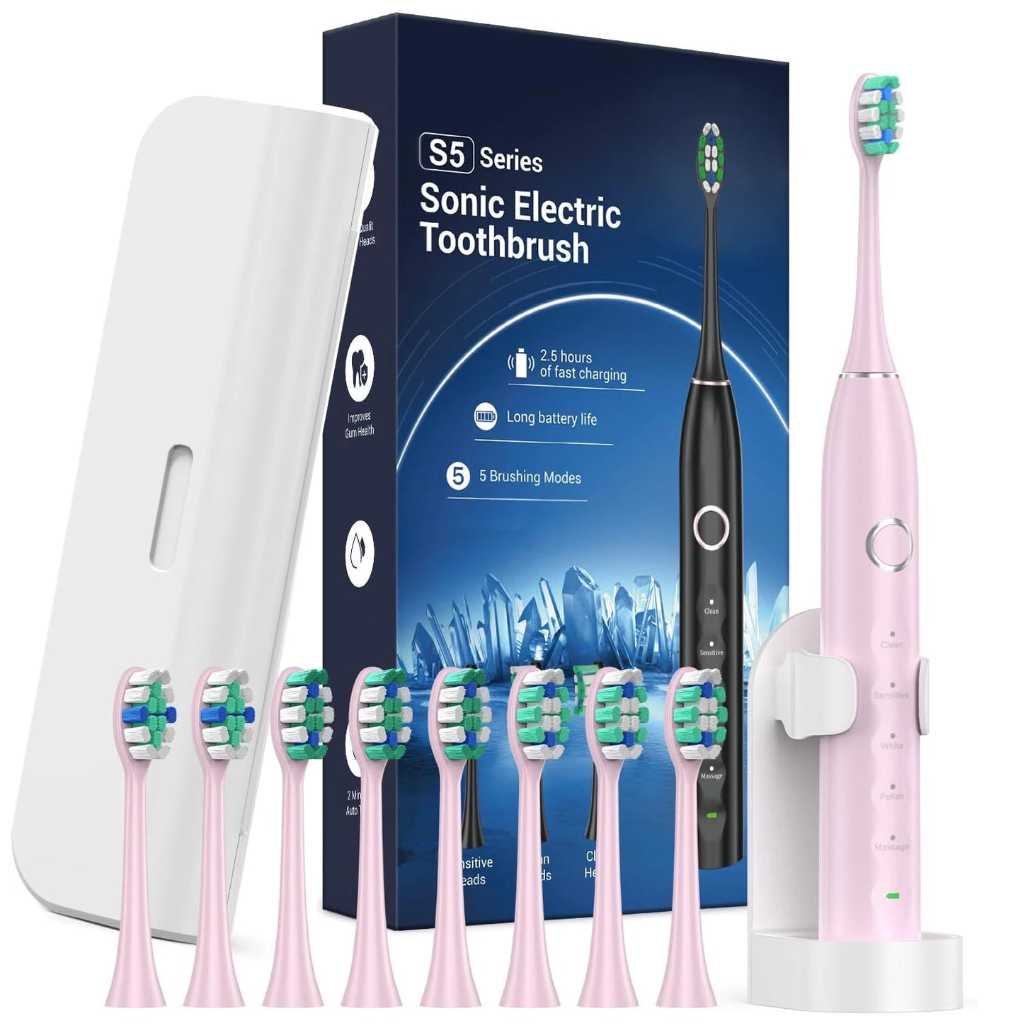 Rtauys S5 Upgraded Sonic Electric Toothbrush – Adults & Kids 12+, 8 Brush Heads, IPX7 Waterproof, Travel Case Included