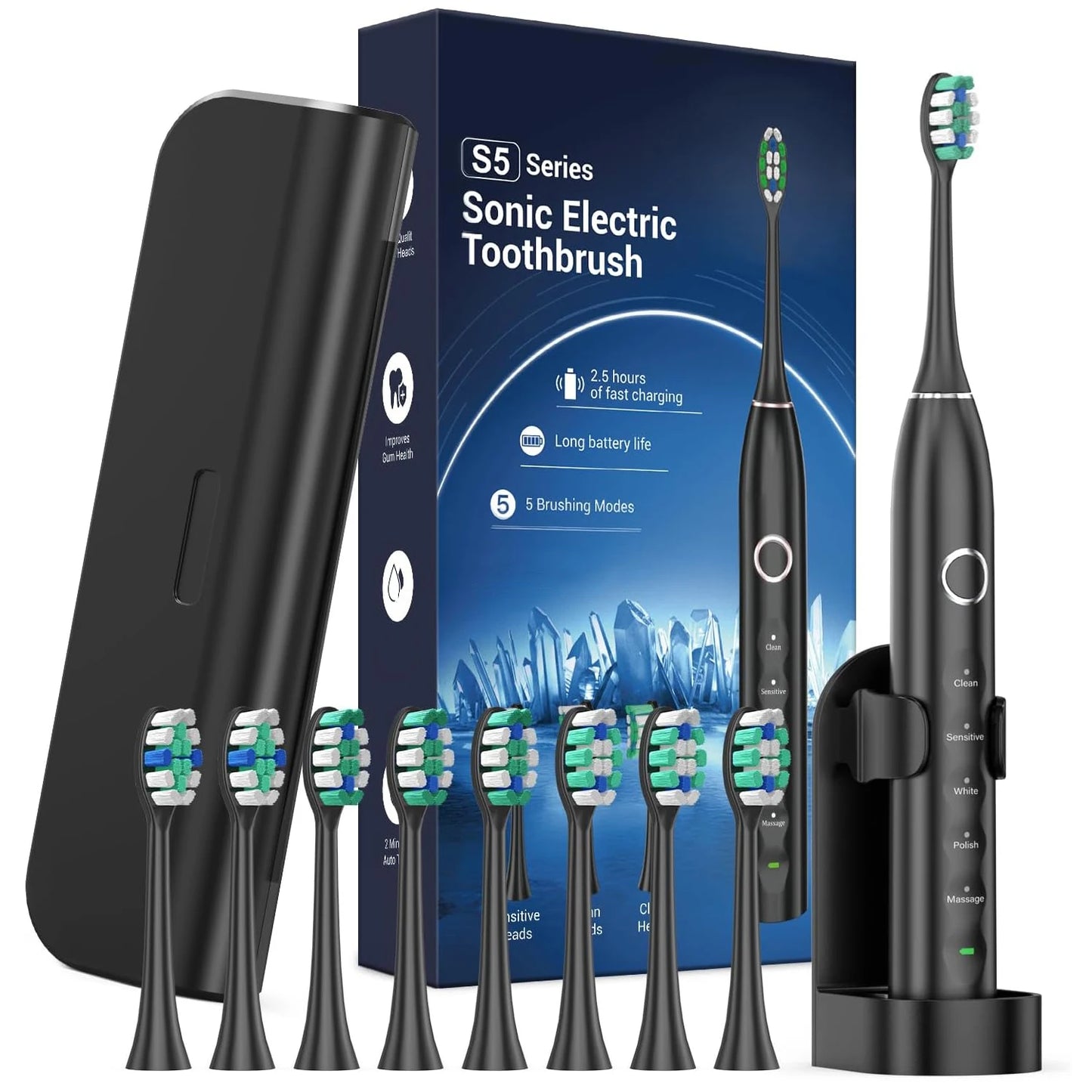 Rtauys S5 Upgraded Sonic Electric Toothbrush – Adults & Kids 12+, 8 Brush Heads, IPX7 Waterproof, Travel Case Included