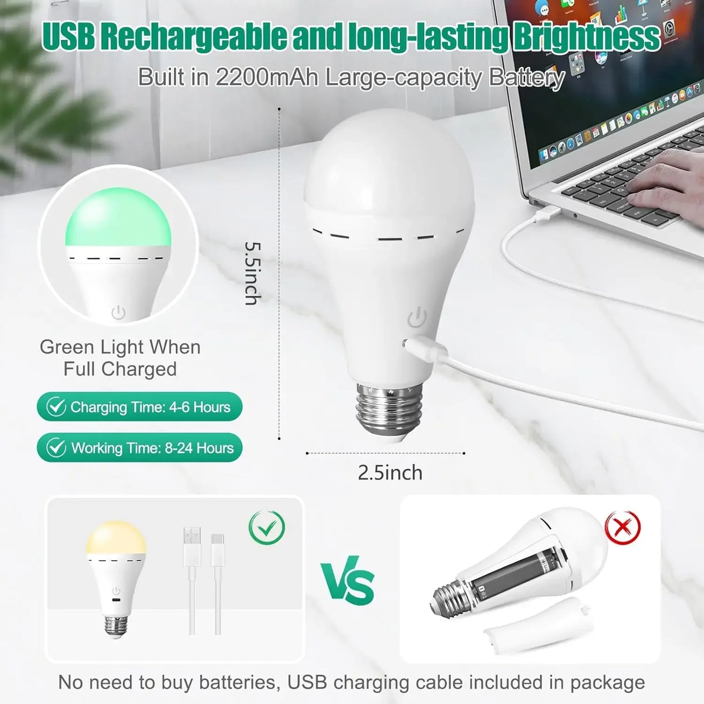 1/2pc 3-Color USB Rechargeable Smart LED Bulb – Dimmable, Cordless, Battery Operated, E27 Base