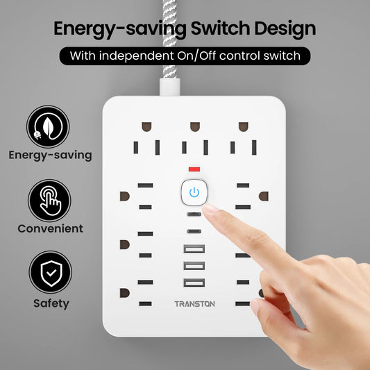 TRANSTON Power Strip Surge Protector – 9 AC Outlets, 3 USB & 2 USB-C, 5ft Cable, 45° Tilt Plug, White