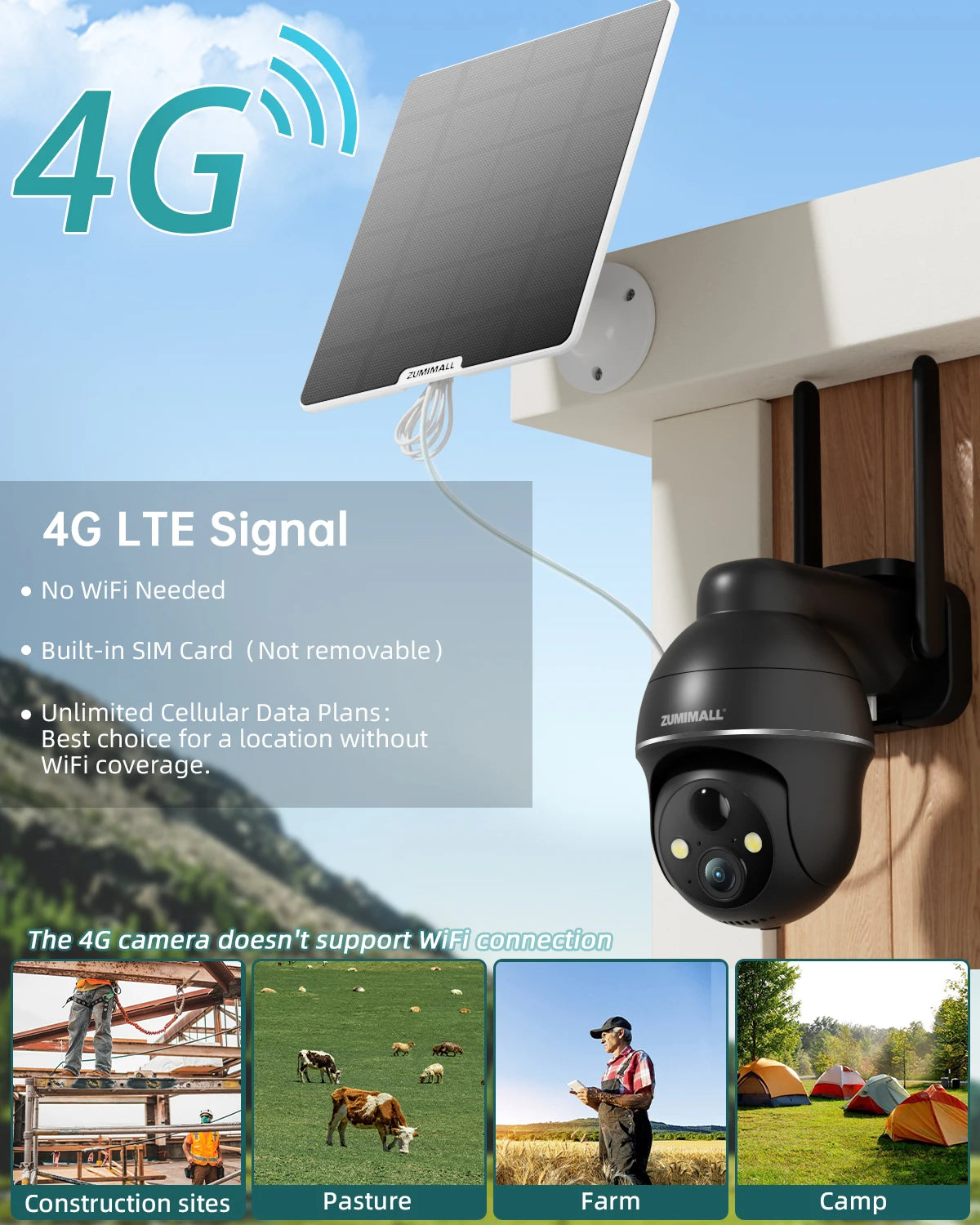 ZUMIMALL 4G LTE Solar Security Camera – Outdoor, No WiFi Required, Color Night Vision, SIM Included