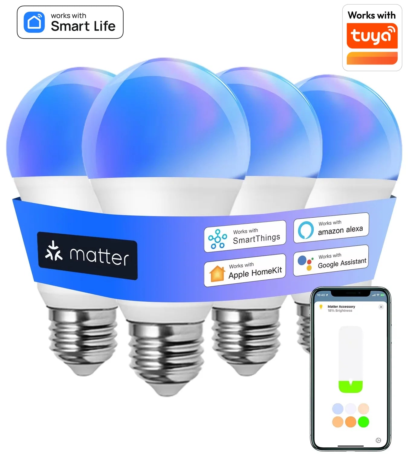 WiFi Matter Smart RGB LED Bulb – E26, Works with Tuya, Alexa, Google Home, Apple HomeKit & Siri