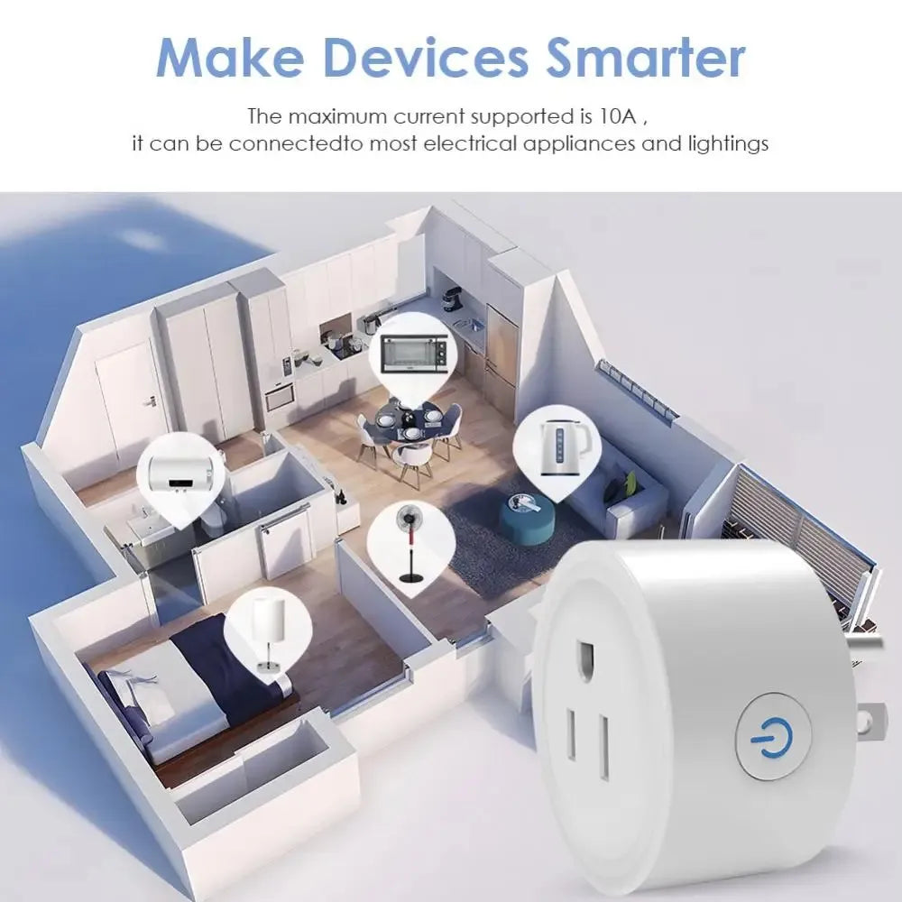 Tuya Smart WiFi Plug – US Standard, 10A, Remote & Voice Control for Smart Home Appliances