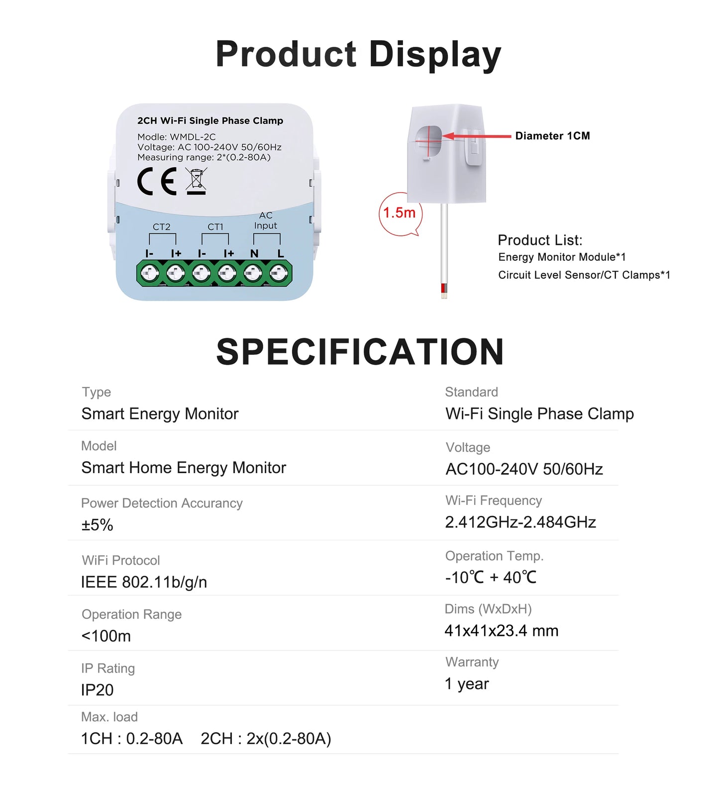 Tuya WiFi Smart Energy Meter – Bidirectional 2-Channel with Current Transformer Clamp, App Monitoring, 80A 110V/240V