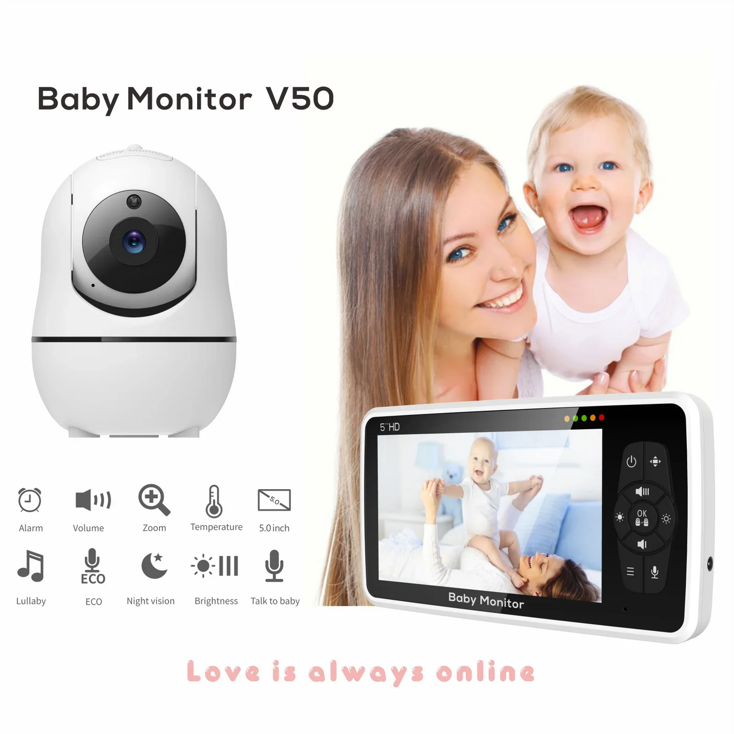 5-Inch Video Baby Monitor – Camera & Audio, 4X Zoom, 22Hrs Battery, 1000ft Range, 2-Way Audio, Temperature Sensor & Lullaby