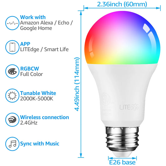 4-Pack Smart WiFi LED A19 Bulbs – RGBCW Color Changing, Compatible with Alexa, Google Home & Echo Assistant