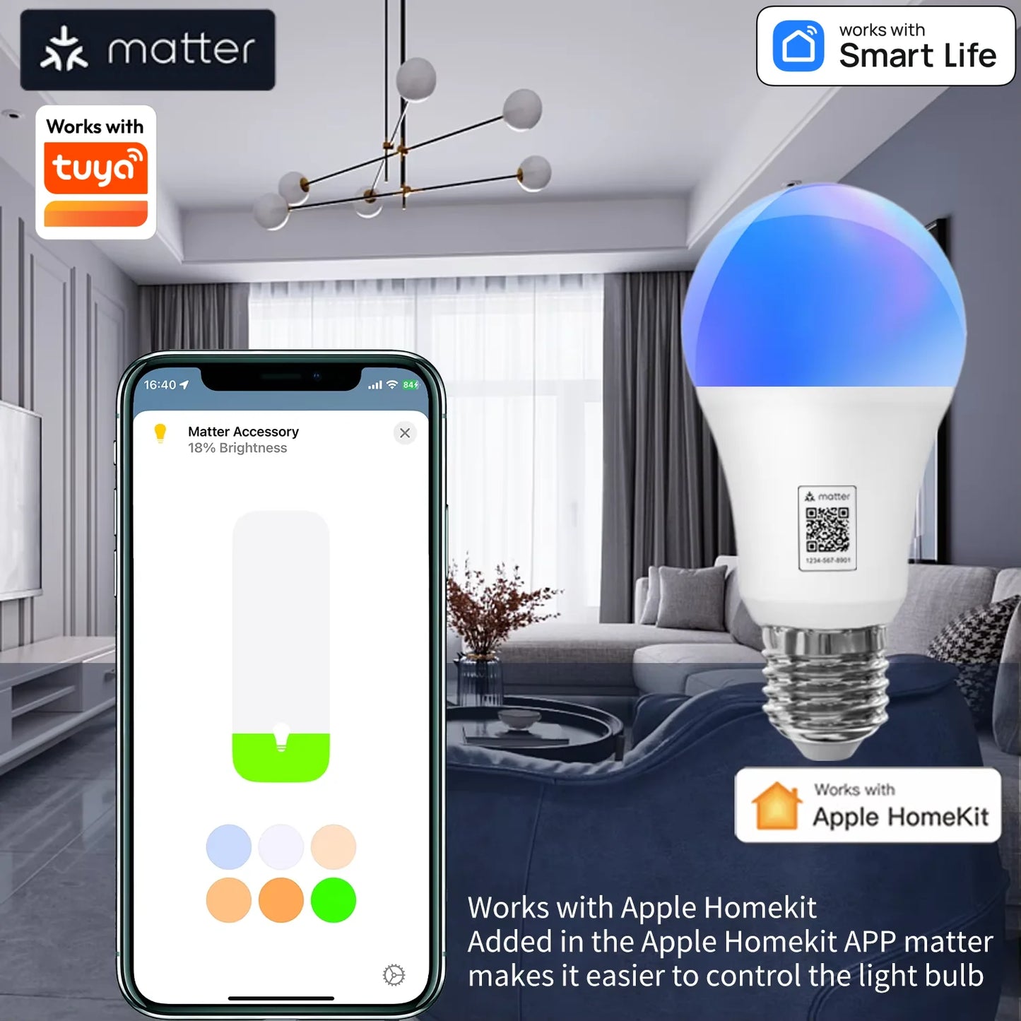 WiFi Matter Smart RGB LED Bulb – E26, Works with Tuya, Alexa, Google Home, Apple HomeKit & Siri