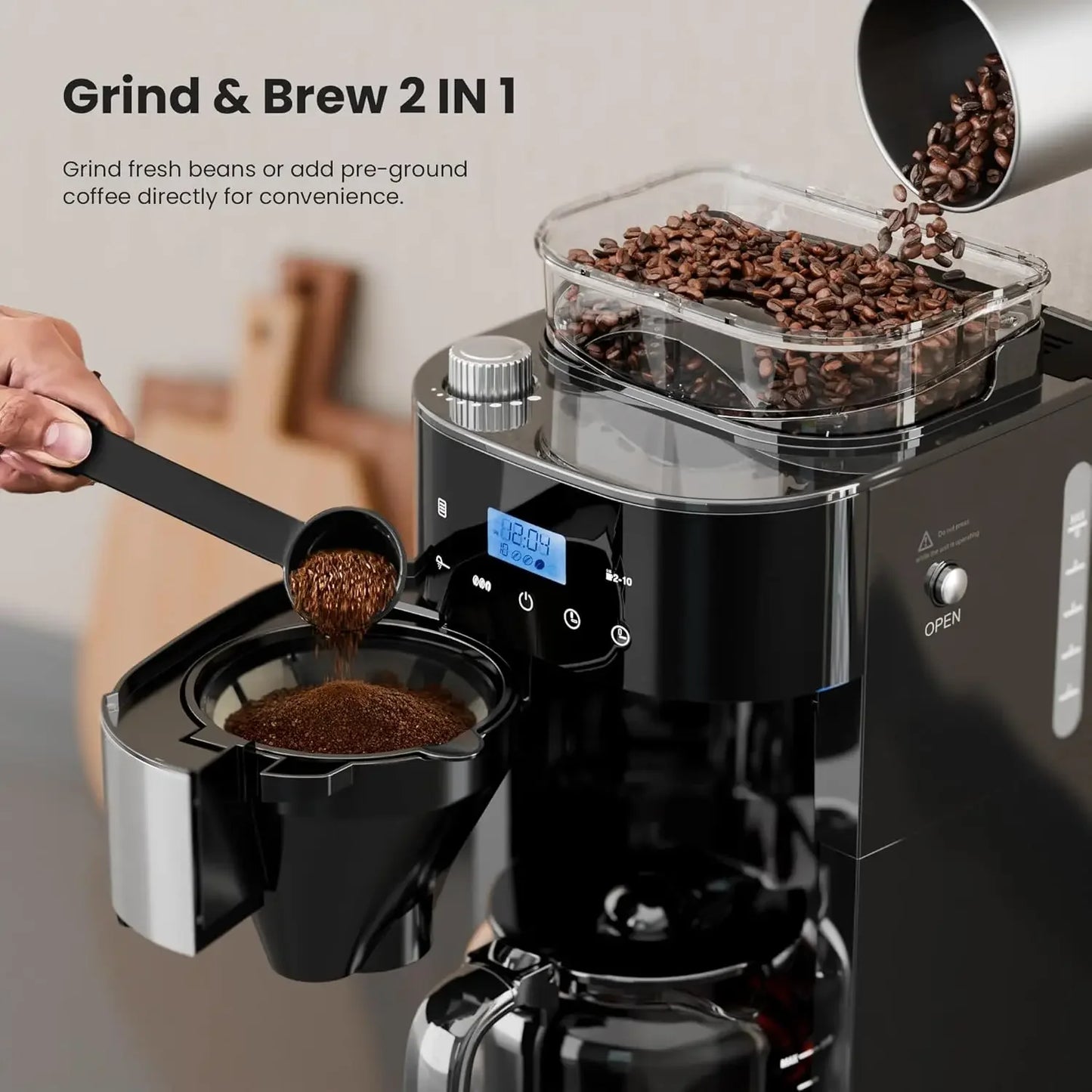 10-Cup Drip Coffee Maker with Built-in Grinder – Programmable Grind & Brew, Smart LED Touchscreen, 24H Timer