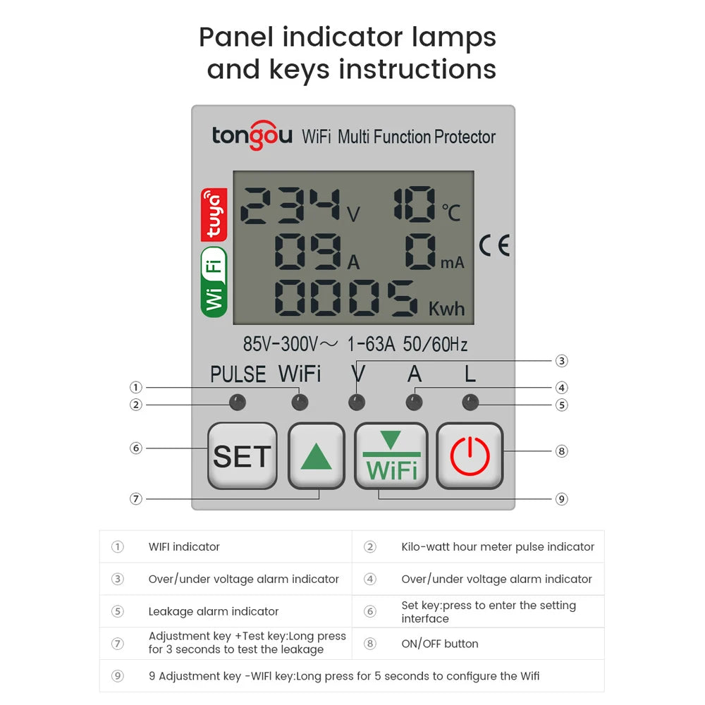 Tuya WiFi Intelligent Energy Meter – Voltage, Power & Electricity Monitoring with Leakage Protector, 63A, AC85-300V, LCD