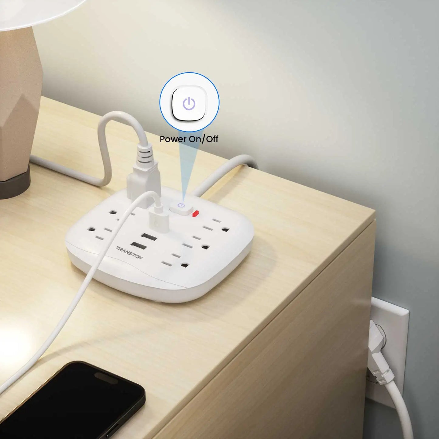 TRANSTON Power Outlet with Surge Protector – 6 AC Outlets, 3 USB Ports, 3.3ft Extension Cord, Fire Resistant