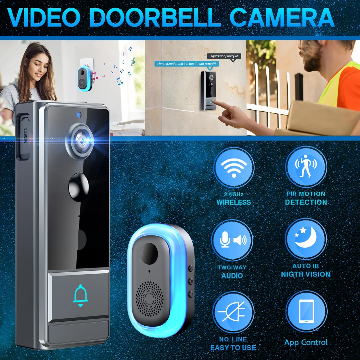 Wireless WiFi Video Doorbell – Night Vision, 2-Way Audio, Live Video & Notifications