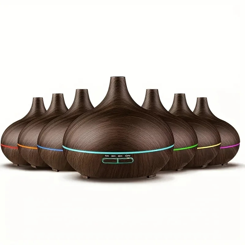 Wood Grain 550ml Ultrasonic Essential Oil Diffuser – Remote Control, 7-Color LED, 6 Preloaded Oils