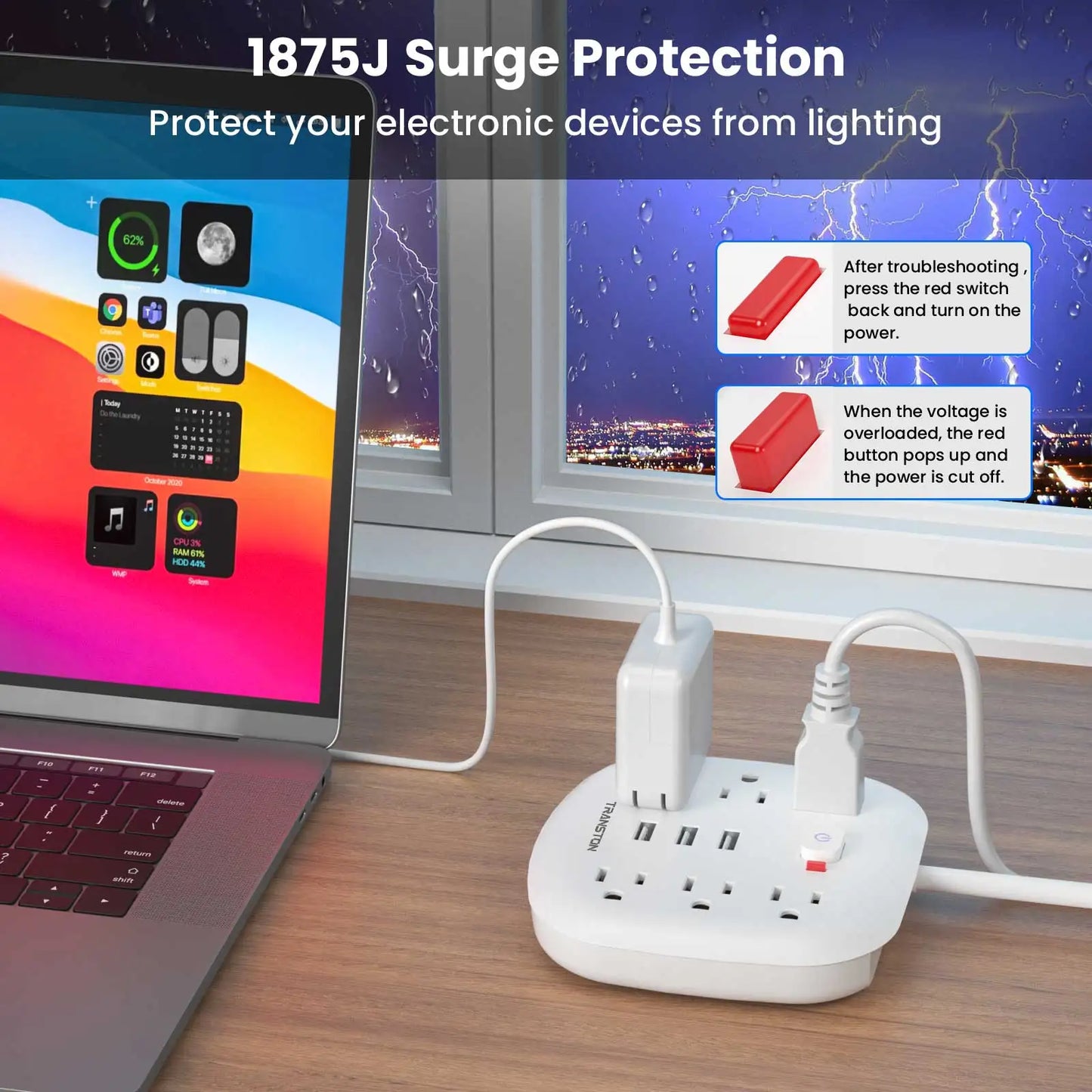 TRANSTON Power Outlet with Surge Protector – 6 AC Outlets, 3 USB Ports, 3.3ft Extension Cord, Fire Resistant