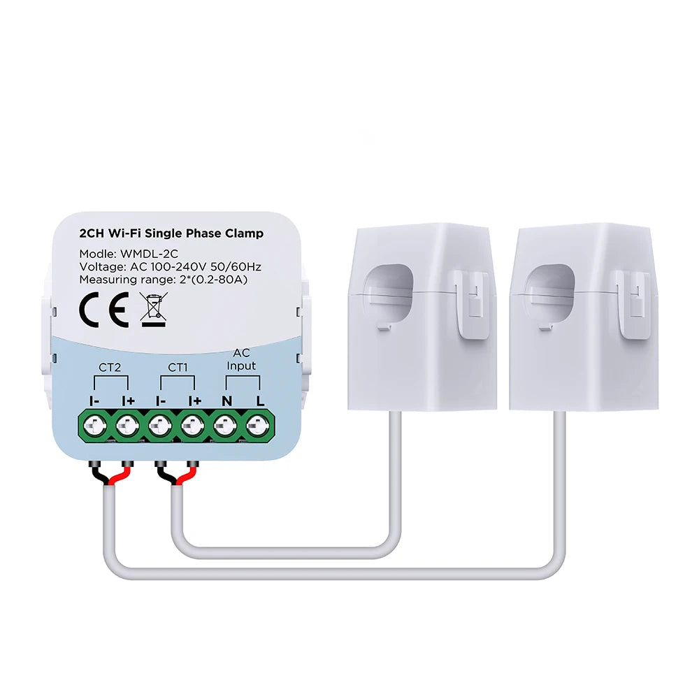 Tuya WiFi Smart Energy Meter – Bidirectional 2-Channel with Current Transformer Clamp, App Monitoring, 80A 110V/240V