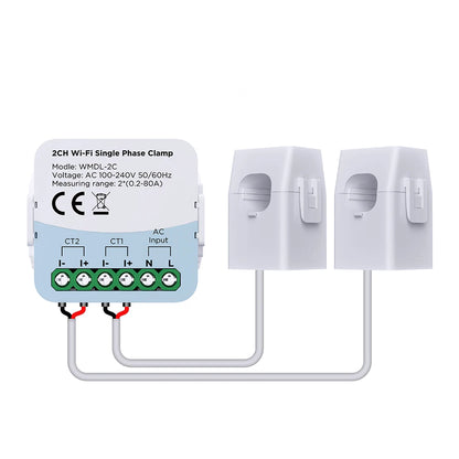 Tuya WiFi Smart Energy Meter – Bidirectional 2-Channel with Current Transformer Clamp, App Monitoring, 80A 110V/240V