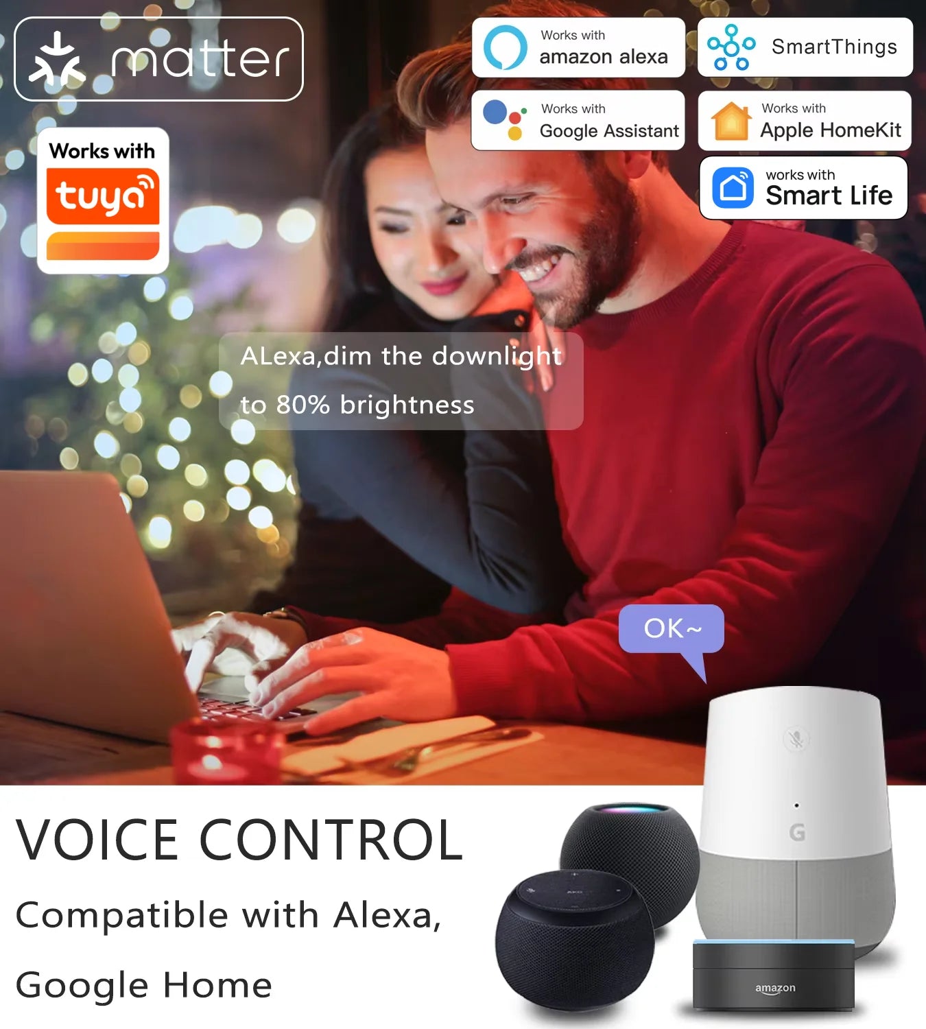 WiFi Matter Smart RGB LED Bulb – E26, Works with Tuya, Alexa, Google Home, Apple HomeKit & Siri