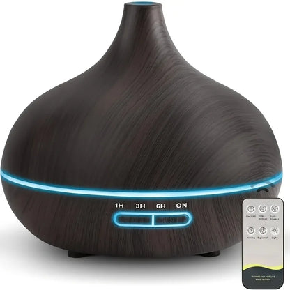 Wood Grain 550ml Ultrasonic Essential Oil Diffuser – Remote Control, 7-Color LED, 6 Preloaded Oils