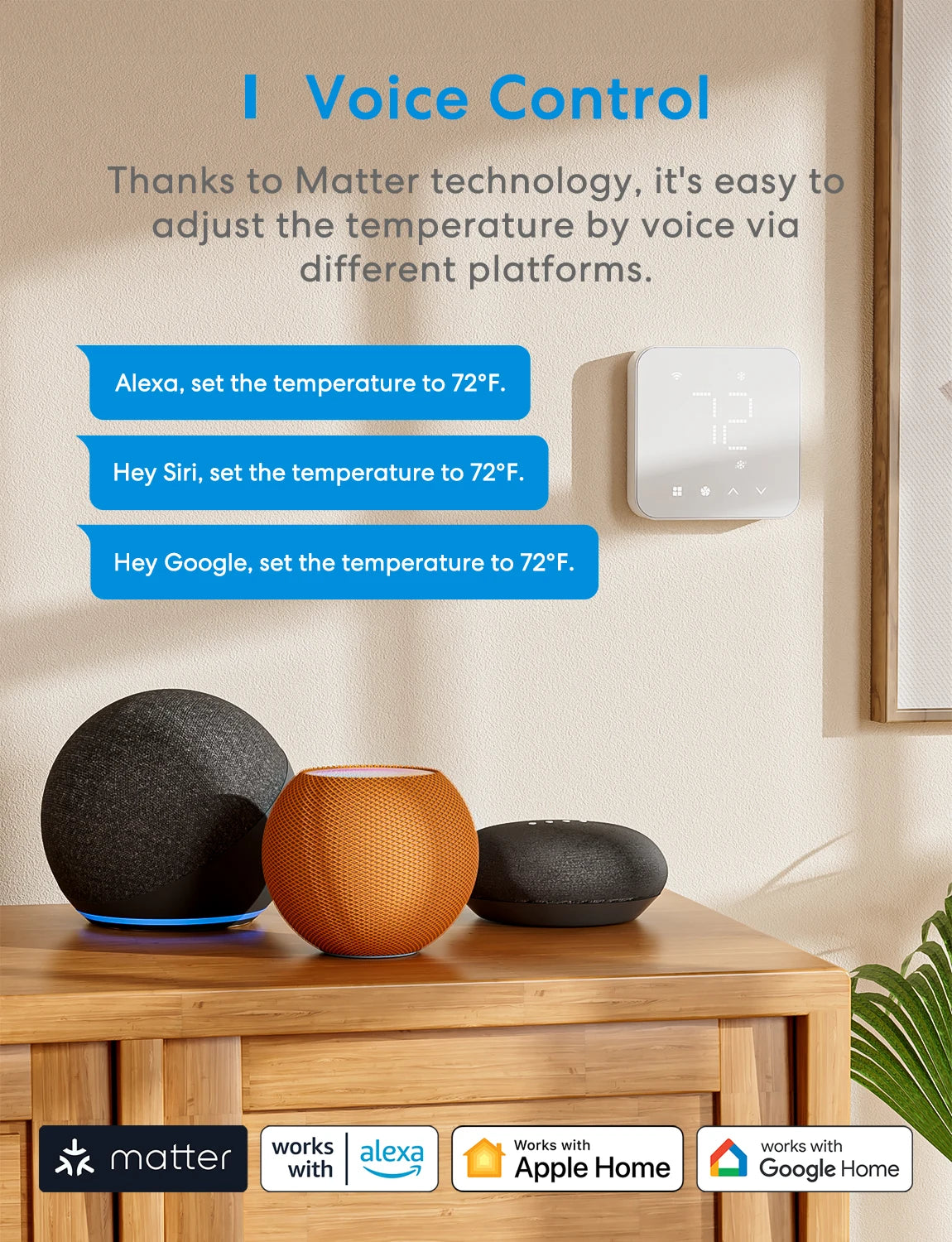 Meross Matter Smart US Wi-Fi Thermostat – Compatible with 95% Heating & Cooling Systems, Alexa & HomeKit