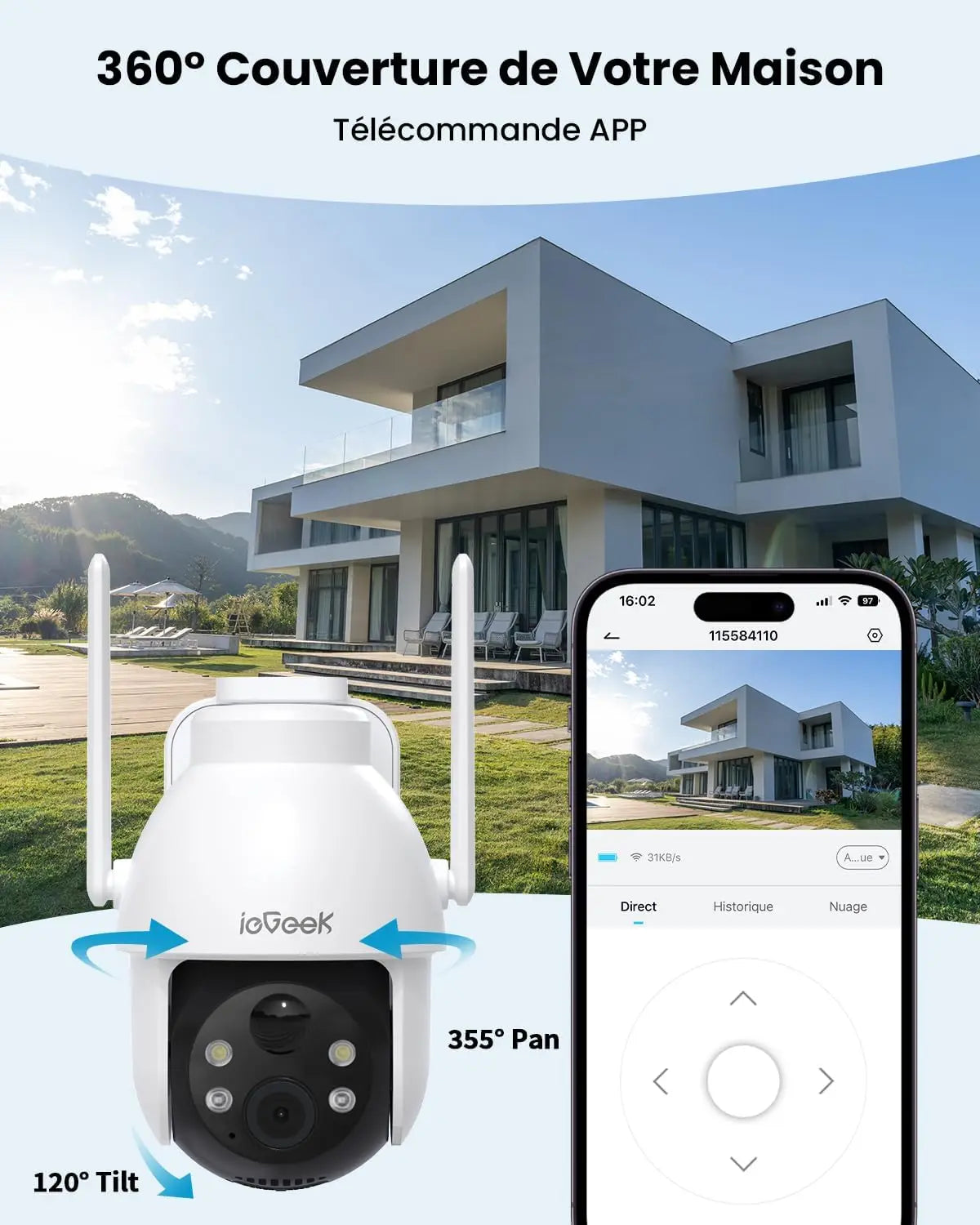 ieGeek 2K 3MP 360° PTZ HD Outdoor Solar Surveillance Camera – Battery Powered, PIR Motion Sensor, Color Night Vision