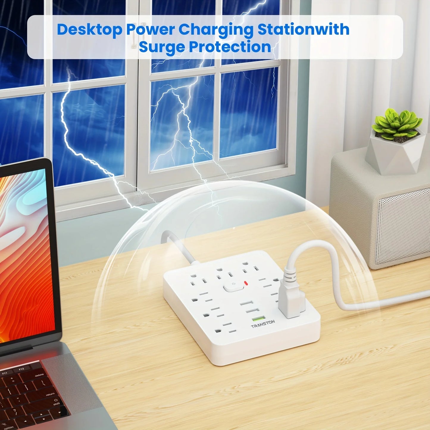 Power Outlet with Surge Protector – 9 AC Sockets, 3 USB Ports, 5ft Extension Cord, Quick Charge, White