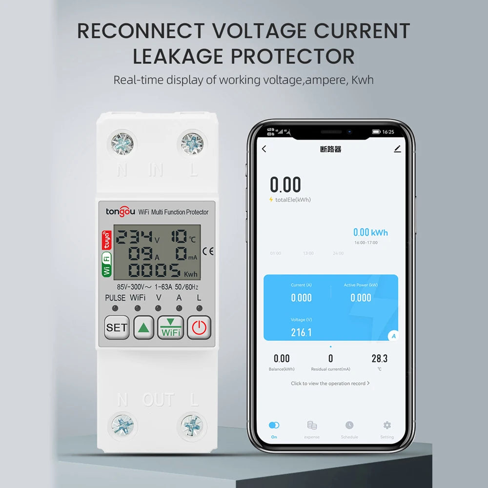 Tuya WiFi Intelligent Energy Meter – Voltage, Power & Electricity Monitoring with Leakage Protector, 63A, AC85-300V, LCD