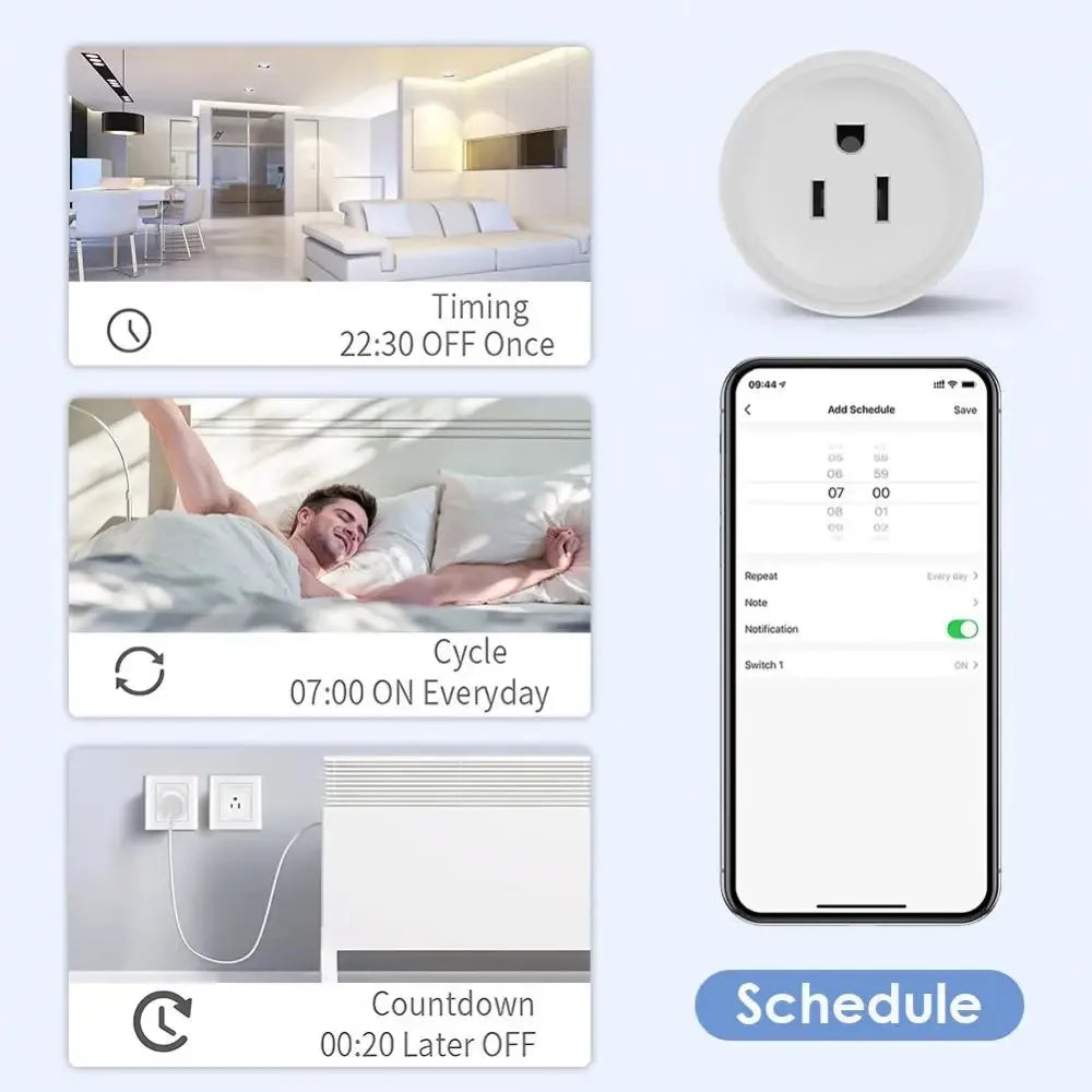 Tuya Smart WiFi Plug – US Standard, 10A, Remote & Voice Control for Smart Home Appliances